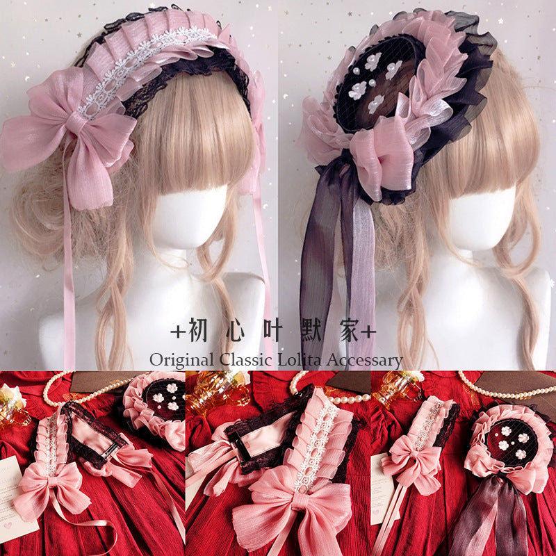 Lolita Headwear Black Pink Lolita Hair Accessories Black Sweet French Flat Hat Sweetheart House Kitty Handmade Small Items