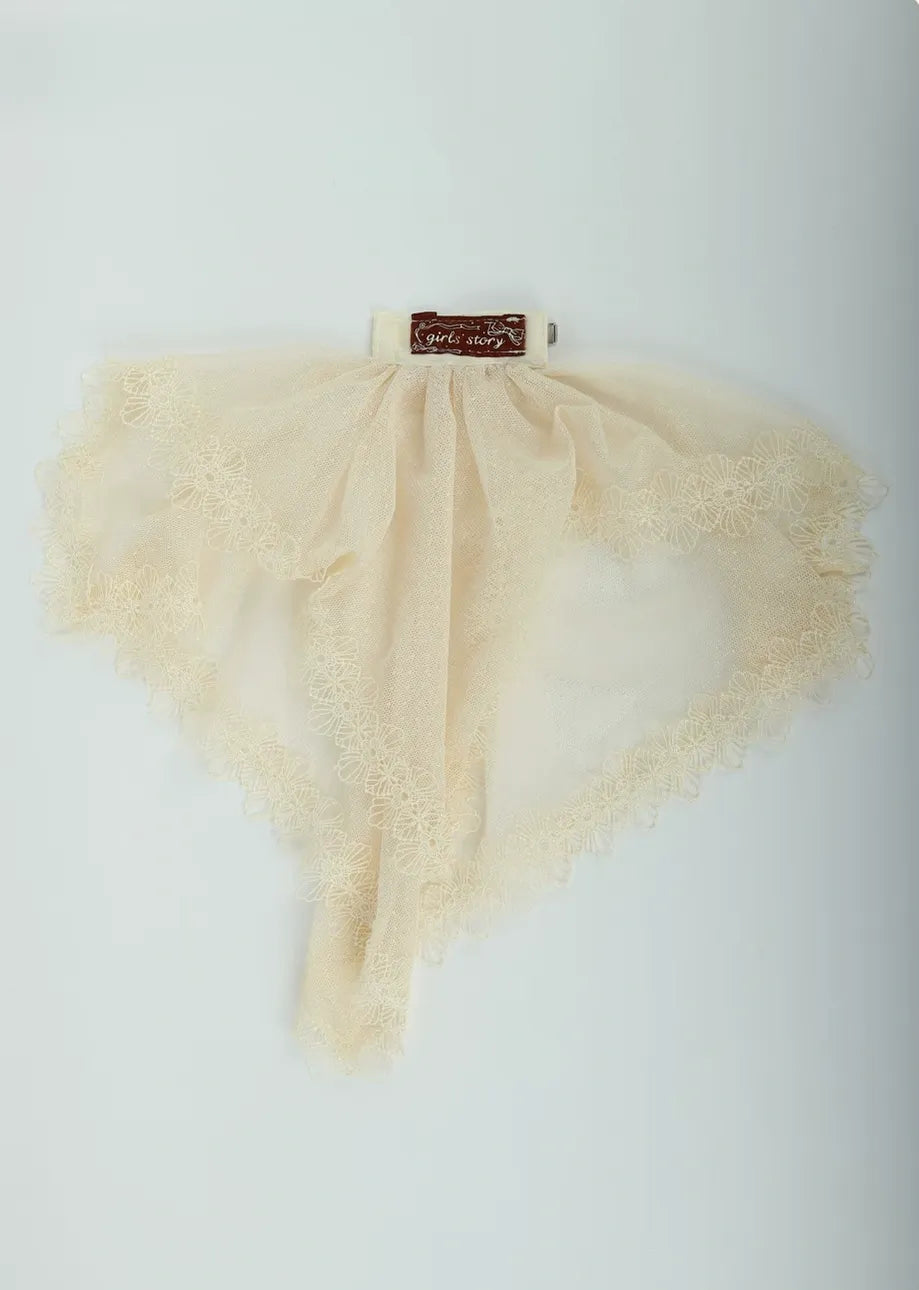 Champagne lace accessory with floral edging and gathered sheer panels