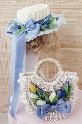 Original Handmade Pink Tulip Lolita Small Sun Hat Straw Hat Oil Painting Style Travel Photography Woven Bag Basket