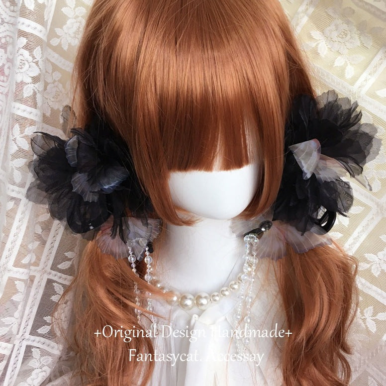 Gothic Lolita Dark Retro Lace Veil Flower Hair Clip Ins Wasteland Styl