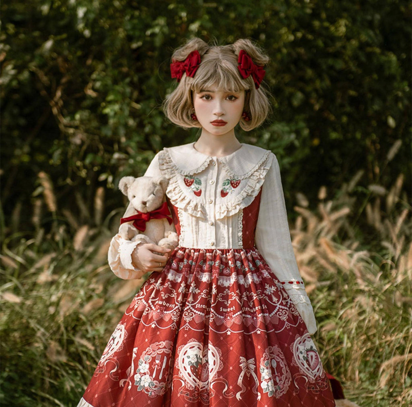 Your Princess - Strawberry Diary - Sweet Lolita Strawberry Print OP Dress with Cape