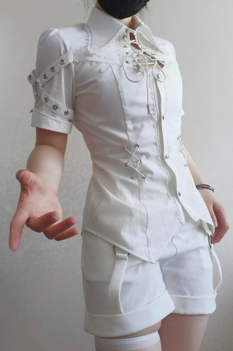 Gazing Galactic - Chest Cutout & Lace-Up - Ouji Lolita blouse with a prince-style lapel collar - product detail 4