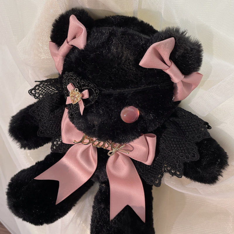 Original Handmade Design Lolita Black Eye Mask Bear Bag - Single Shoulder Black Velvet Handbag