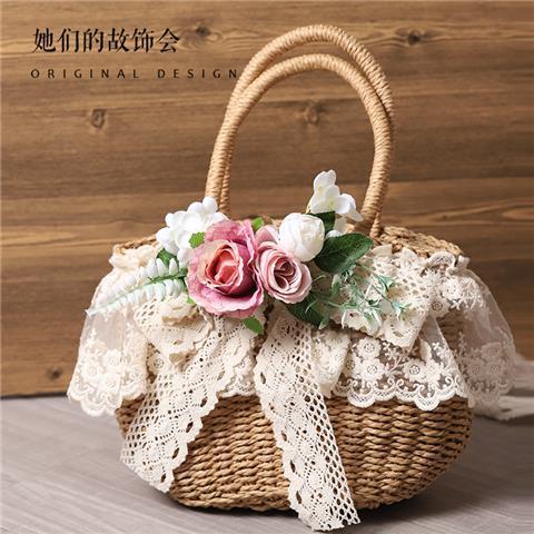 Handmade straw LolitaFetch tote bag with lace, artificial flowers, soft pastel colors, perfect for beach and casual wear.