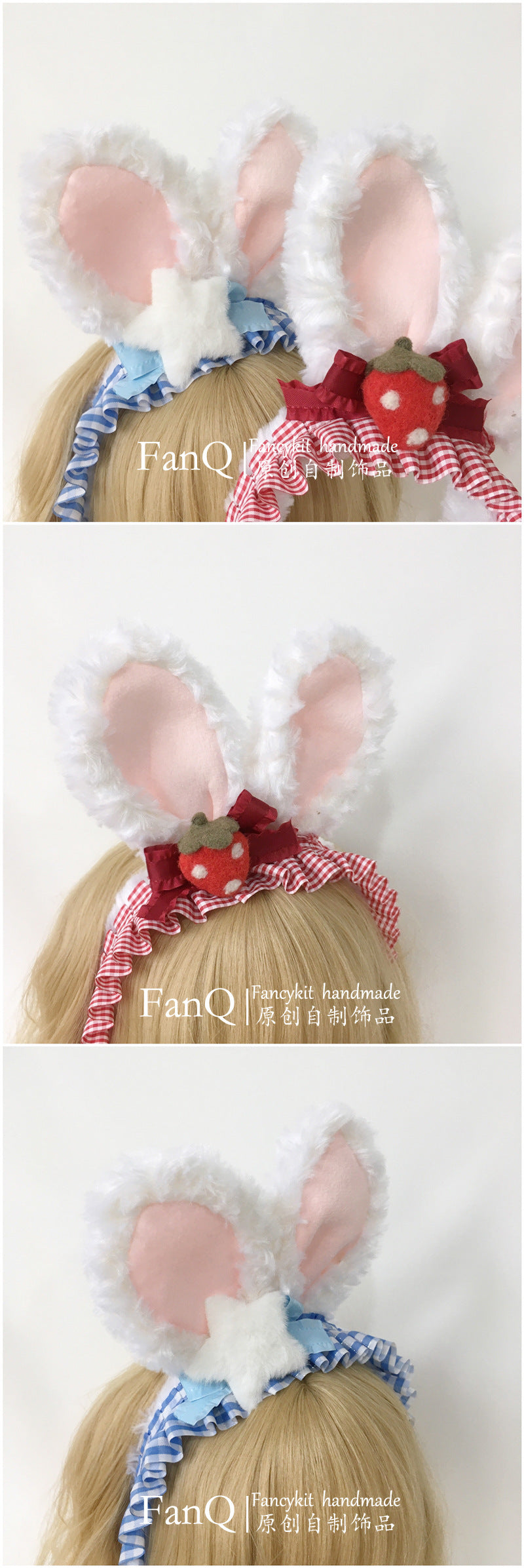 Handmade Bowknot Rabbit Ear Strawberry Headband Korean Japanese Sweet