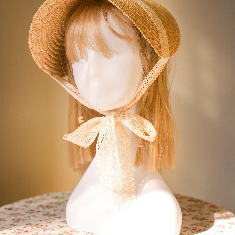 Vintage French Lolita Hat Straw Flat Hat DIY Handmade Vintage Accessories Bnt Lace Strap Hat