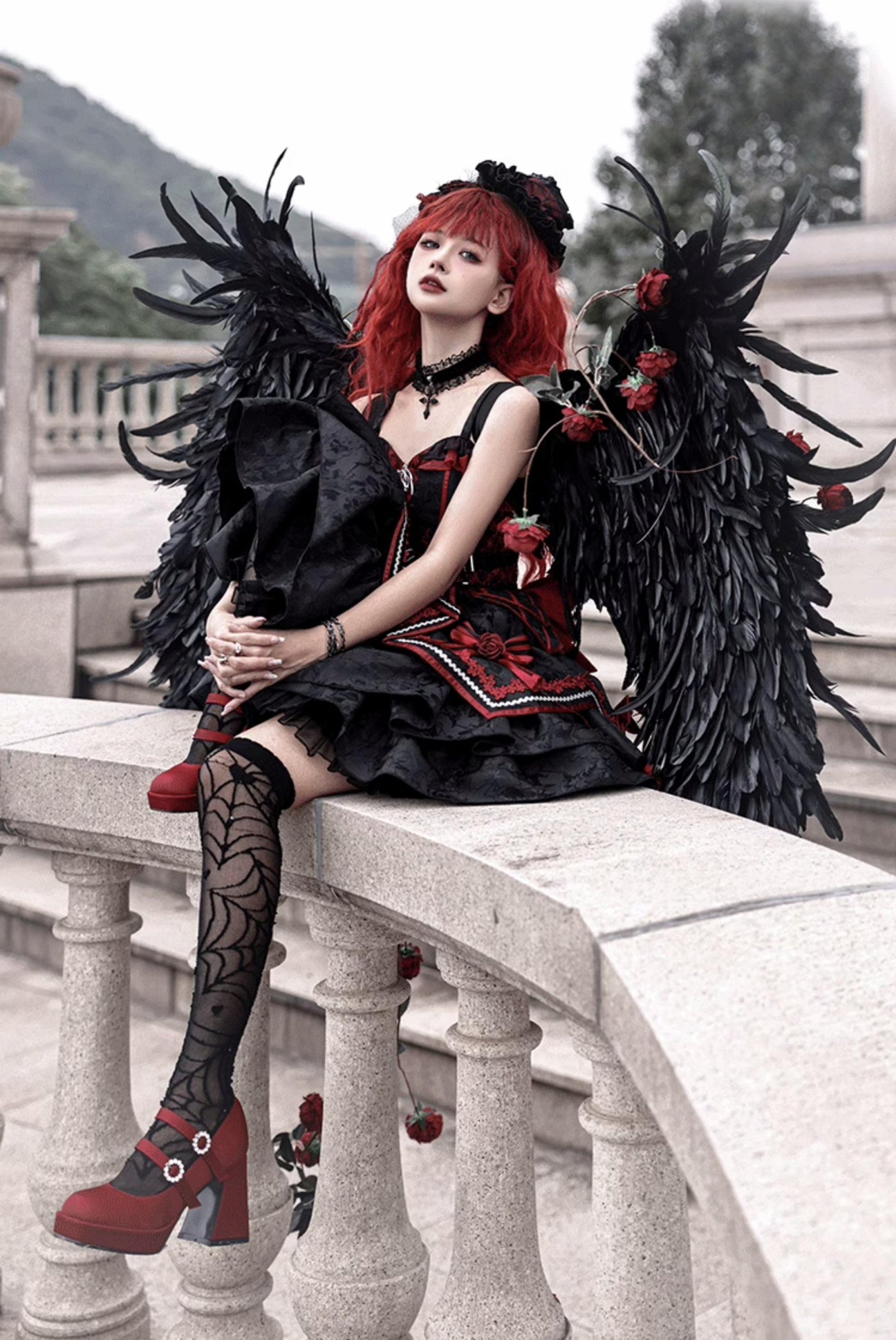 OCELOT - Dark Bat Motion - Black-and-Red Gothic Lolita JSK Dress with rose and cross embroidery - product detail 4