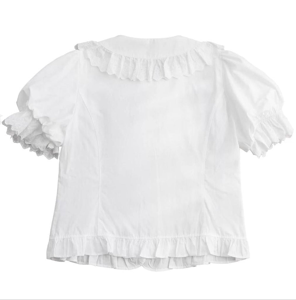 Forest green short-sleeve Lolita blouse with Peter Pan collar and ruffled trim.