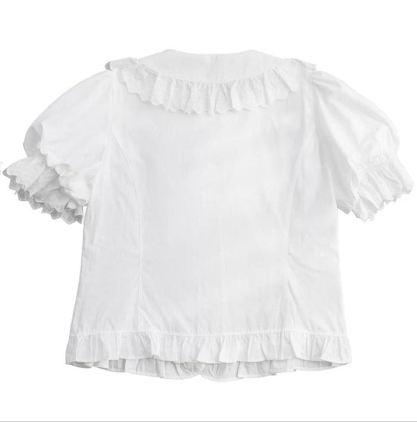 Forest green short-sleeve Lolita blouse with Peter Pan collar and ruffled trim.