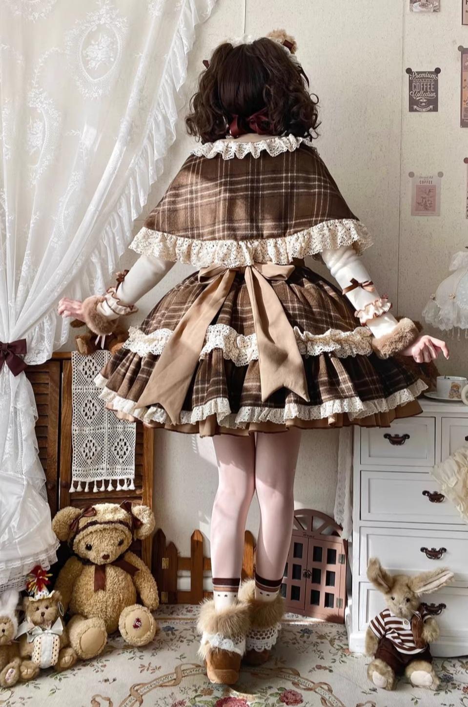 Qianmu - Choco Chestnut - Plaid Kawaii Lolita JSK Dress, Peter Pan Collar Cape