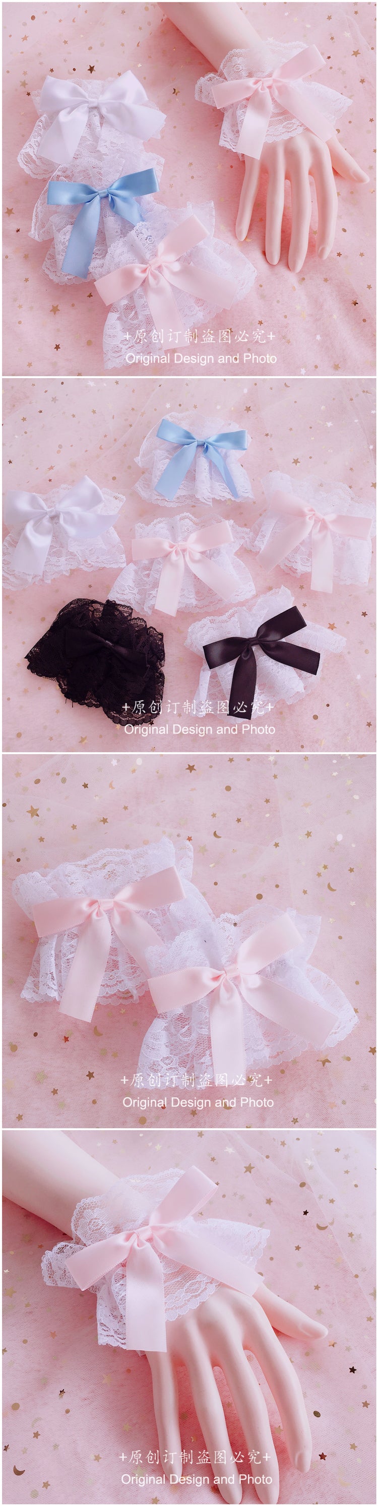 LolitaFetch girly lace hand sleeves with bowknot detail, decorative small accessory headdress for Lolita fashion style.