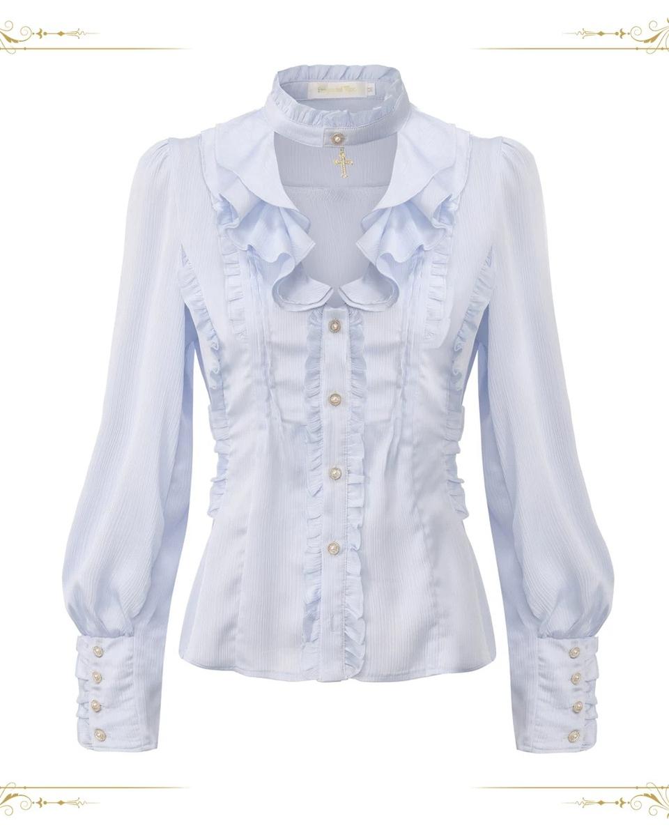 Immortal Thorn - Eternal Rabbit Invitation - Ouji Lolita Vintage Long Sleeve Blouse, Ruffles V-Neck