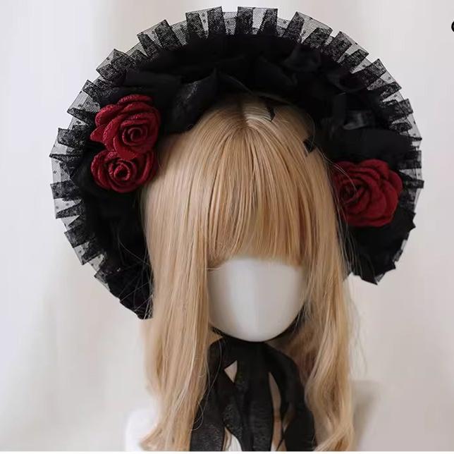 Xiaogui - Gothic Lolita Black Lace Flowers - Bonnet Headwear