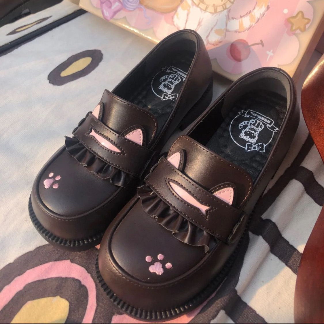 LolitaFetch Cat Academy Princess leather shoes with bow details, stylish footwear for feline-themed costumes or accessories.