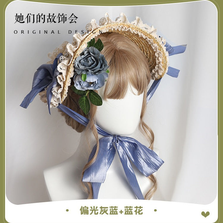 Multicolor Bonnet Straw Hat Flat Hat Lolita Original Handmade Pastoral Style Elegant French BNT Hat - Lolita Fetch
