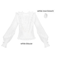 With PUJI - Miss Laura - Versatile Classic Lolita Blouse, Lattern Sleeves - White Blouse + Rose Brooch / S
