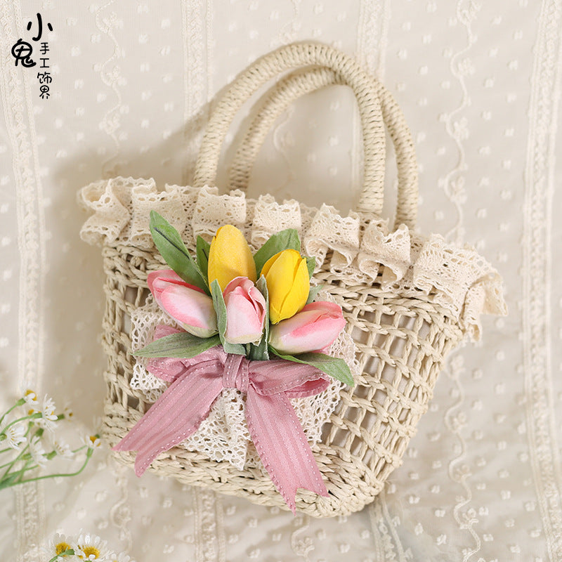 Original Lolita Tulip Lace Pastoral Handbag Bowknot Han-Yang Eclectic Straw Bag Elegant Lolita