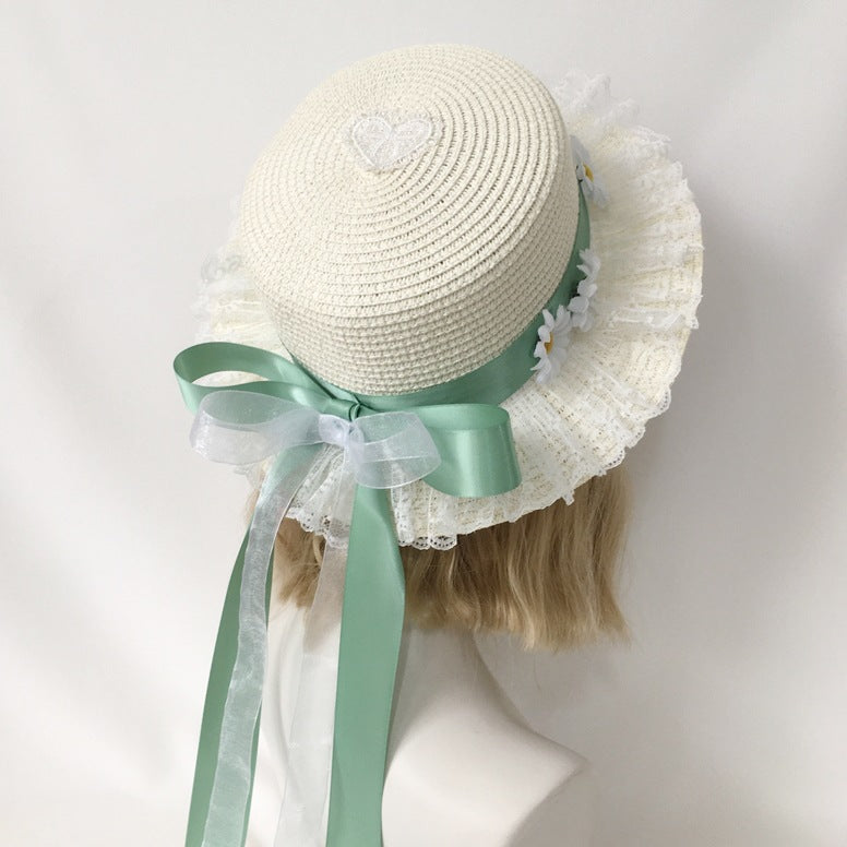 Original Handmade Lolita White Chrysanthemum Straw Hat with Bow Ribbon Sun Hat Sweet Fairy Ancient Style Outing Pastoral Hat