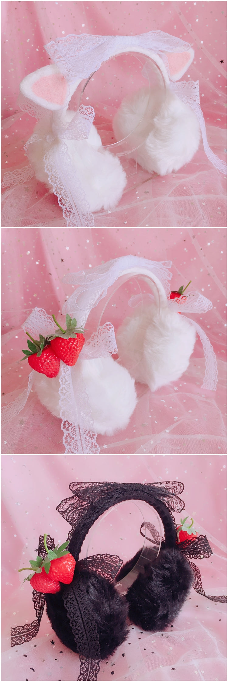 Christmas Warm Winter Lolita Plush Ear Muffs Strawberry Cat Ear Cute Ear Muffs Beautiful Lace Ear Covers - Lolita Fetch