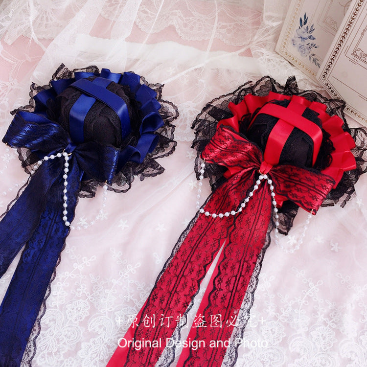 European Classical Dark Style Lace Pearl Bow Ribbon Party Hat Lolita T