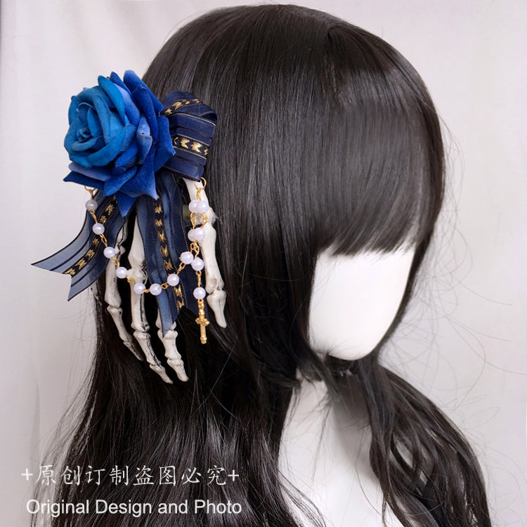 Halloween Gothic Lolita Pearl Chain Hair Clip Dark Style Skull Claw Wing Bow Hair Clip Brooch - Lolita Fetch