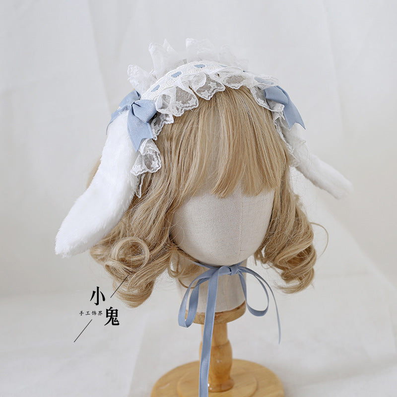 Handmade LolitaFetch Sweet Ears bunny ear bowknot hair clip for Lolita dress, featuring cute bunny ear design and elegant details.