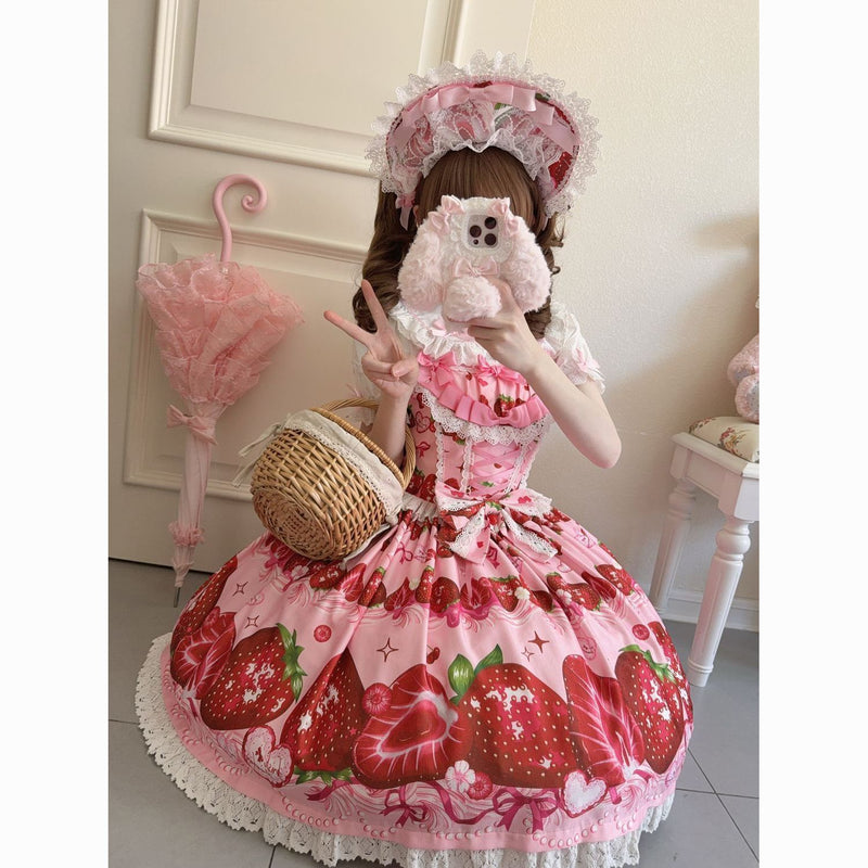 Sweet Strawberry Story Lolita JSK Dress & Bonnet - pink colour