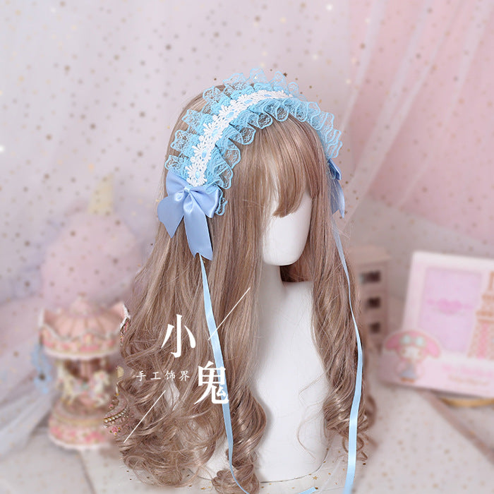White lace LolitaFetch soft girl headband with dark gothic accents, versatile hair ornament and sweet Lolita headdress.