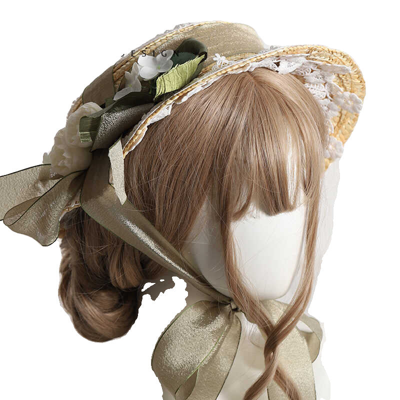 Lolita Flower Straw Hat for Women Summer Flat Hat Lolita Sun Protection Shade Han Yang Eclectic Mori Style Hat for Women