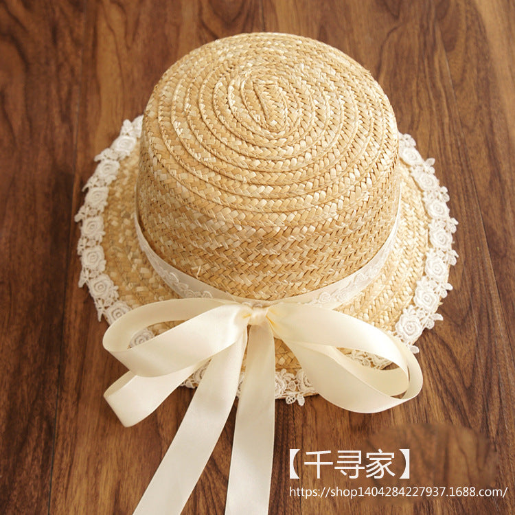 Mori Girl Retro Lolita Ribbon Straw Hat Bowknot Woven Straw Hat Lace Straw Hat