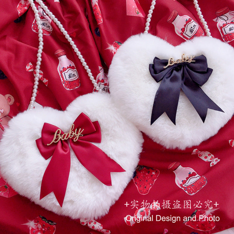 Lolita Plush Heart Shoulder Bag Heart-Shaped Multi-Color Double-Layer Bow Pearl Chain Lolita Bag Crossbody Bag