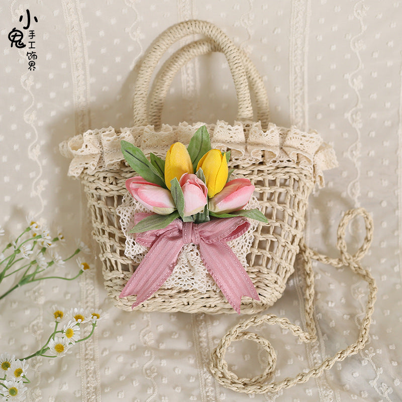 Original Lolita Tulip Lace Pastoral Handbag Bowknot Han-Yang Eclectic Straw Bag Elegant Lolita