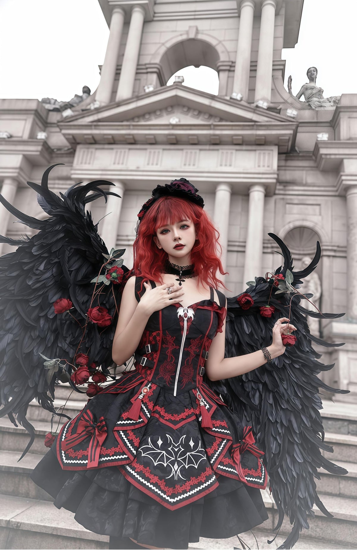 OCELOT - Dark Bat Motion - Black-and-Red Gothic Lolita JSK Dress with rose and cross embroidery - product detail 2