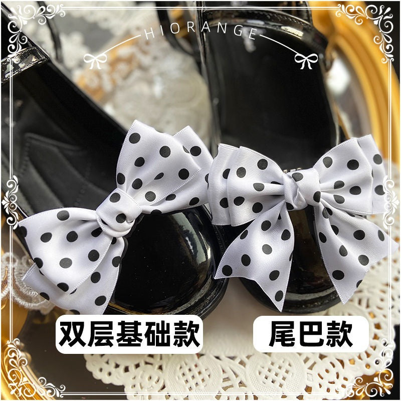 Girly cute multi-color polka dot Lolita shoe clips with versatile bowknot design, perfect as a headdress accessory by LolitaFetch.