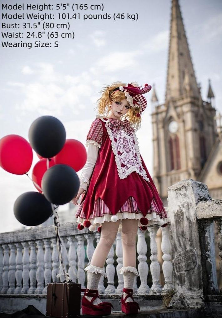 With PUJI - Puppet Mask - Clown Inspired Gothic Lolita OP Dress, Loose Fit
