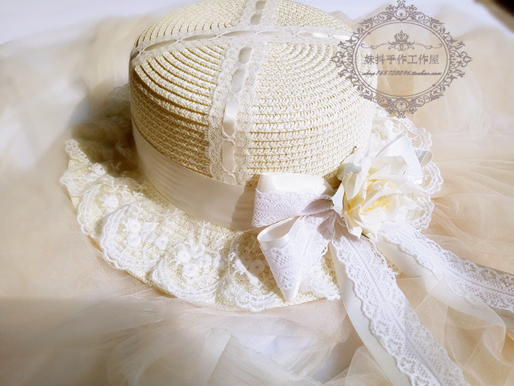 Multicolor handmade lolita straw sunhat with lace and ribbon, flat top style perfect for soft girl fashion and OP dress accessories