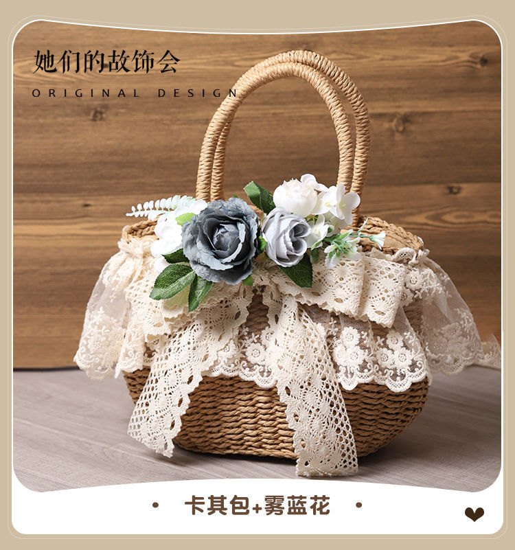 LolitaFetch handmade straw bag with lace, artificial flowers, and soft girl style, perfect for beach or pastoral casual looks.