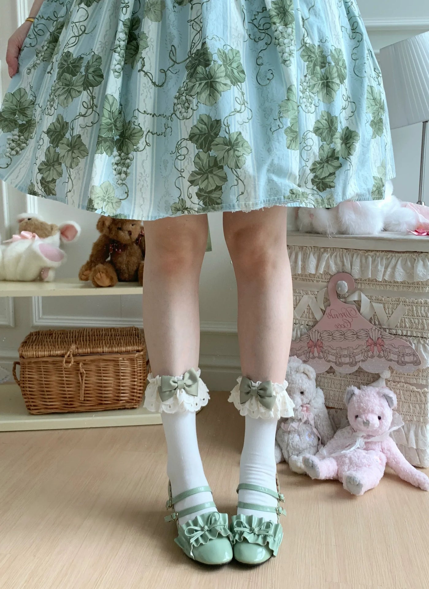 Roji Roji - Cotton Classic Lolita Calf Socks - Double Layer Trim & Bow Socks