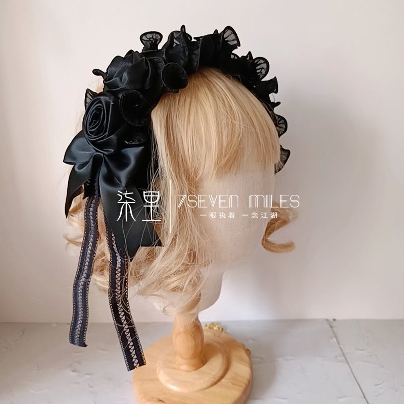 Handmade - Nightfall Retro Black Flower - black Lolita hair accessory