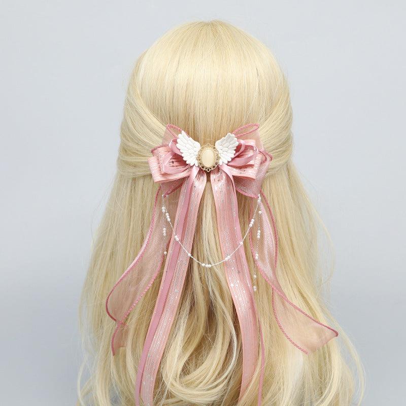 Handmade Lolita Gauze Ribbon Hair Clip Pink Lotus Cat's Eye Stone Clip
