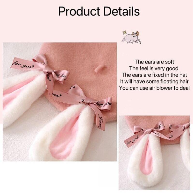 Xiao Gui - Winter - Pink Wool Lolita Beret with Fixed Bunny Ears - product detail 5