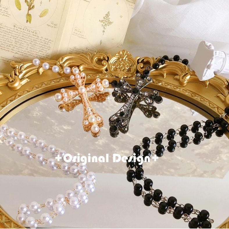 Gothic Retro Girl's Prayer Lolita Pearl Gold Lolita Cross Necklace Eur