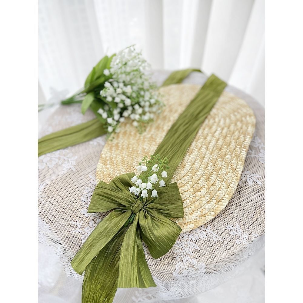 French Country Lolita Handmade Lily of the Valley Forest Style Bowknot Bnt Flat Hat Straw Hat Photo Shoot Catwalk Cla - Lolita Fetch