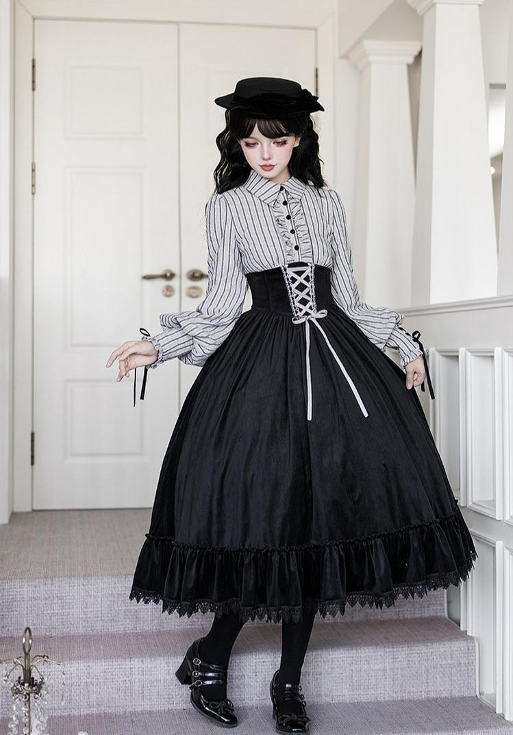 With PUJI - Dusk Moment - Classic Lolita Striped OP & Mermaid Dress Set, Fishbone Waist