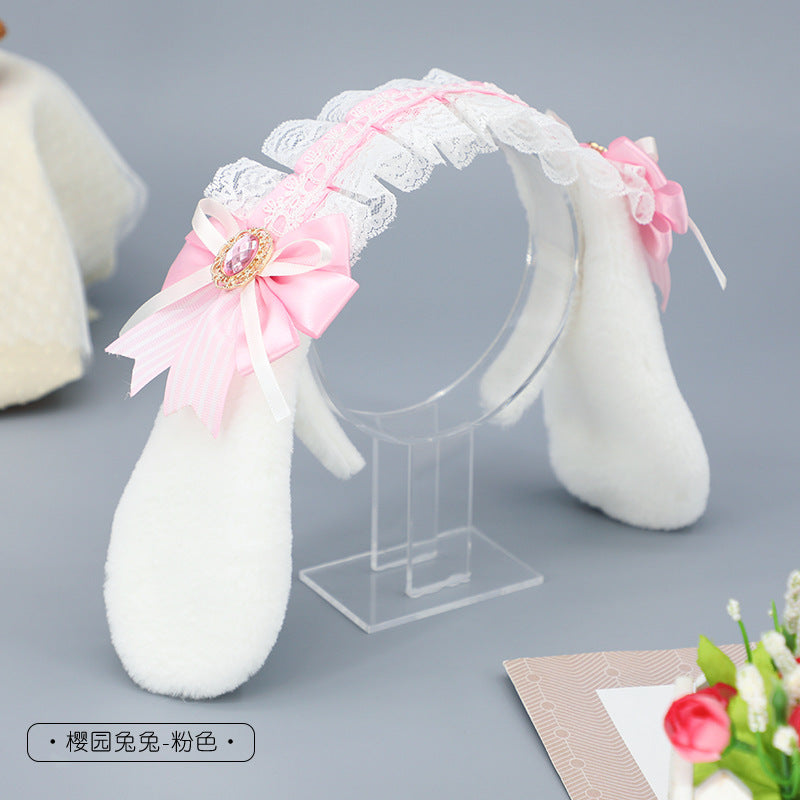 Handmade Plush Hair Accessories Bow Lace Ribbon Hair Ornament Cosplay Party Animal Ears Lolita Bunny Ear Headband - Lolita Fetch