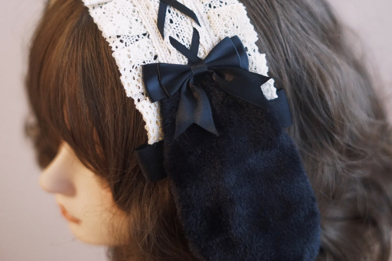 Black Lop LolitaFetch rabbit ear ruffle headband with bow and lace detailing, designed for Lolita fashion and costume accessories.