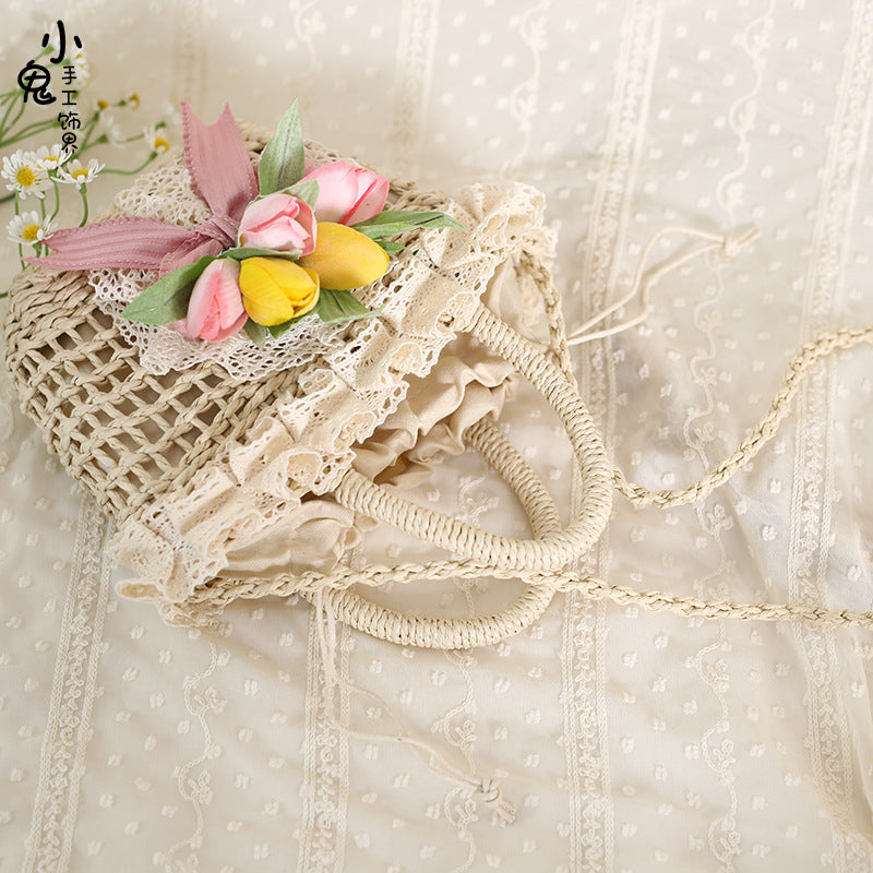 Original Lolita Tulip Lace Pastoral Handbag Bowknot Han-Yang Eclectic Straw Bag Elegant Lolita