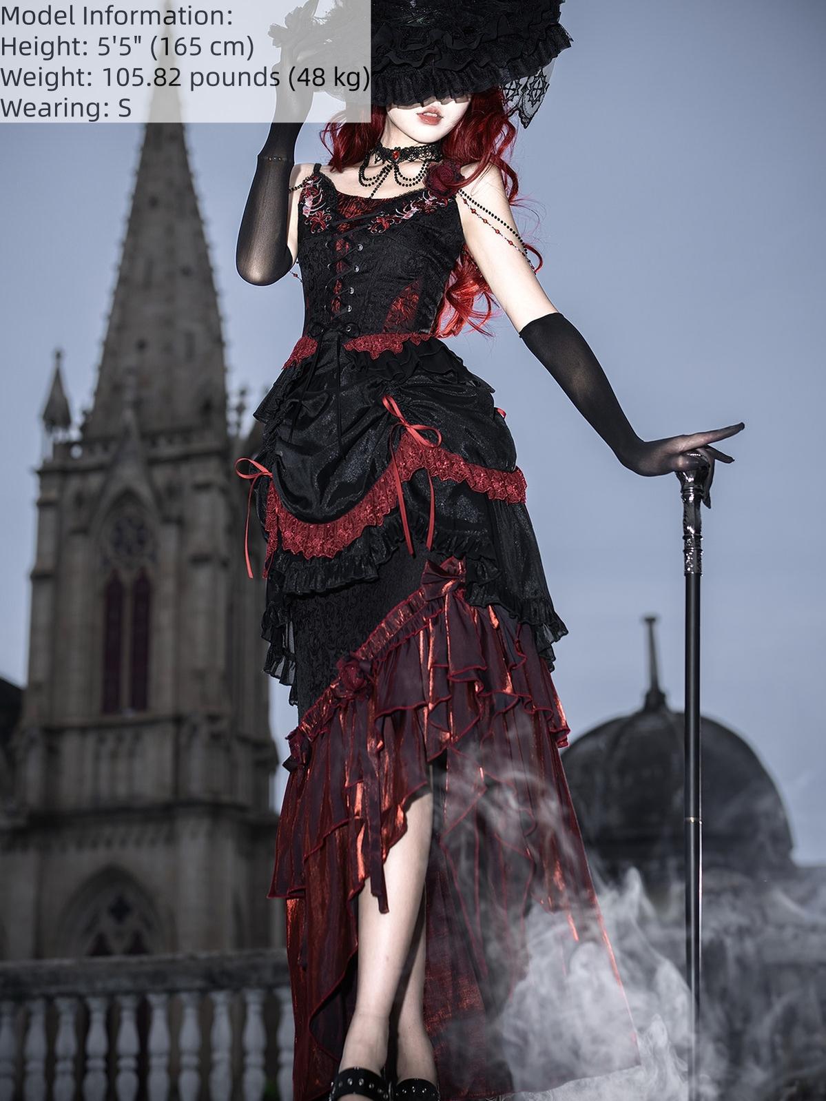 Your Princess - Bone Rot Bloom - Gothic Lolita Embroidered Camisole & Drawstring Lift-up Hem Skirt