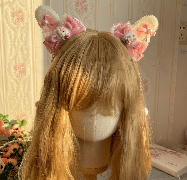 Luoluo Decoration - Han Lolita Rabbit Ears - Light Pink Head Accessory with Bow and Beaded Chain - product detail 7