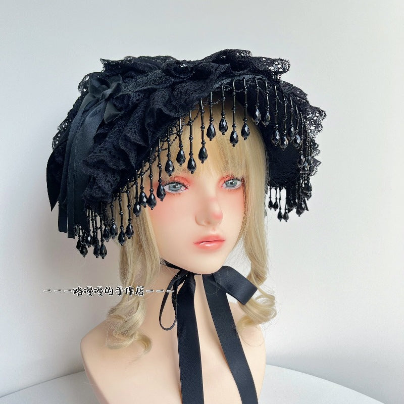 Original Lolita Handmade Gothic Dark Widow Hat Black Pearl Tassel Lace Black Rose Feather Photo Prop